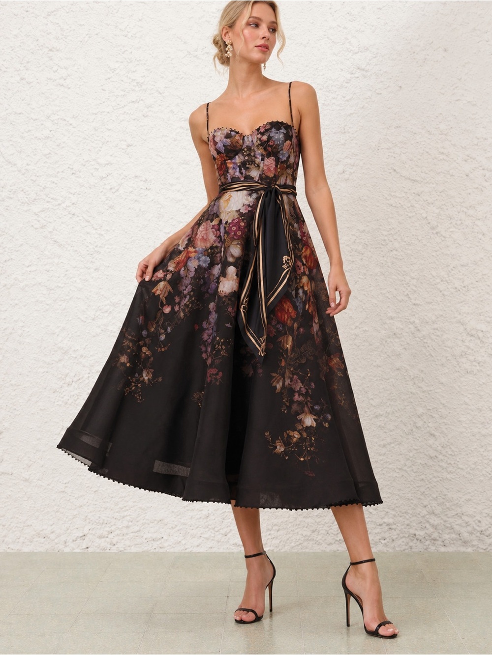Zimmermann Black Floral Midi Dress with Scarf Waist Tie